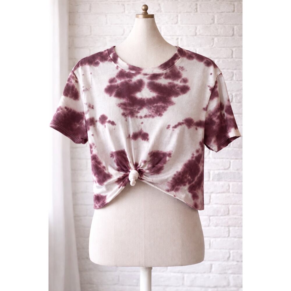 Tie Dye Crop Top Women’s Small Burgundy Cream Knotted Front Short Sleeve Cotton